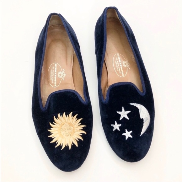 Stubbs & Wootton Shoes - Stubbs & Wooten Navy Velvet Sun Moon Flats 8.5